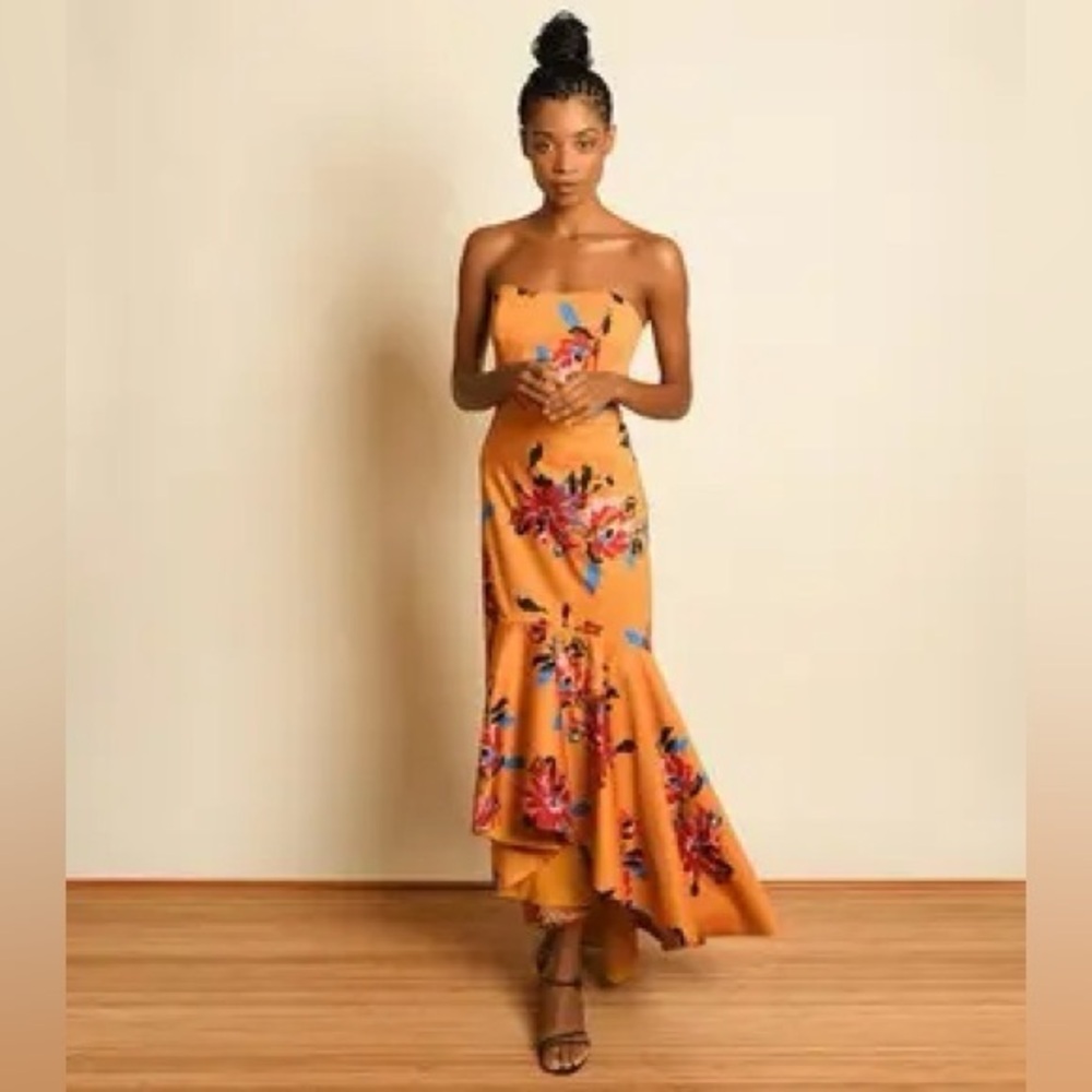 Anthropologie Dea High Low Floral Autumn Colored Ruffle Strapless Gown NWOT